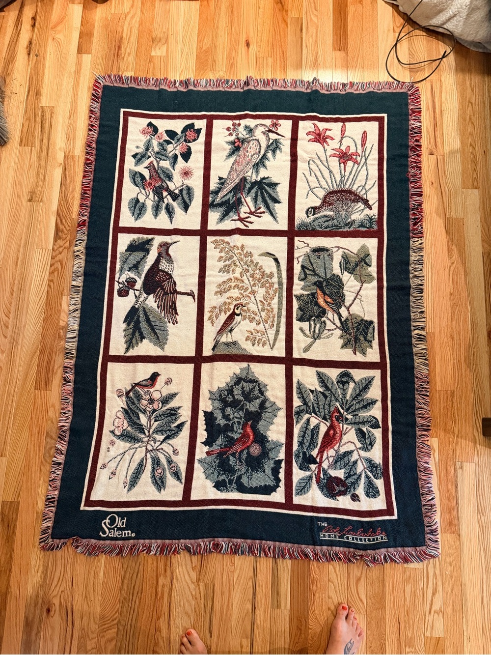 Vintage Bird Tapestry Throw Blanket in Navy, Cream & Red